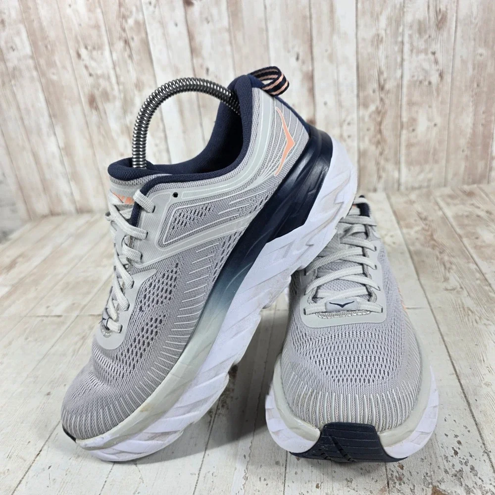 Hoka One One Bondi 7 Womens 8 Grey Blue Running Shoes 1110519 LRBI Sneaker